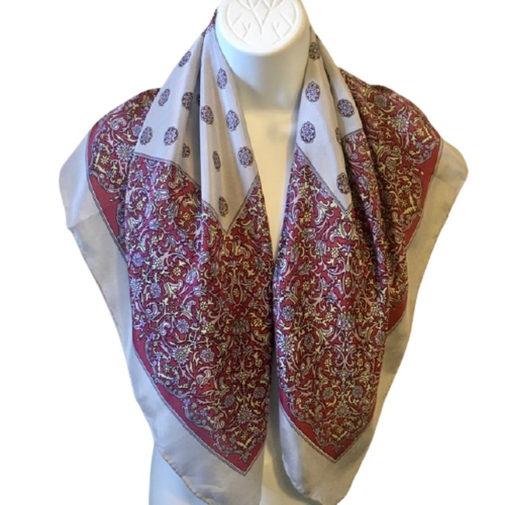 Golden Camel Silk Scarf Paisley Gray Rust Lavender Green Large Square Hand Print